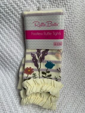 Ruffle Butts Cream Floral Footless Ruffle Tights -Misty Lilac & Ivory Stripe